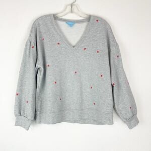Draper James Sweatshirt Womens Medium‎ Bobbie Heart Print Gray Red V-neck M